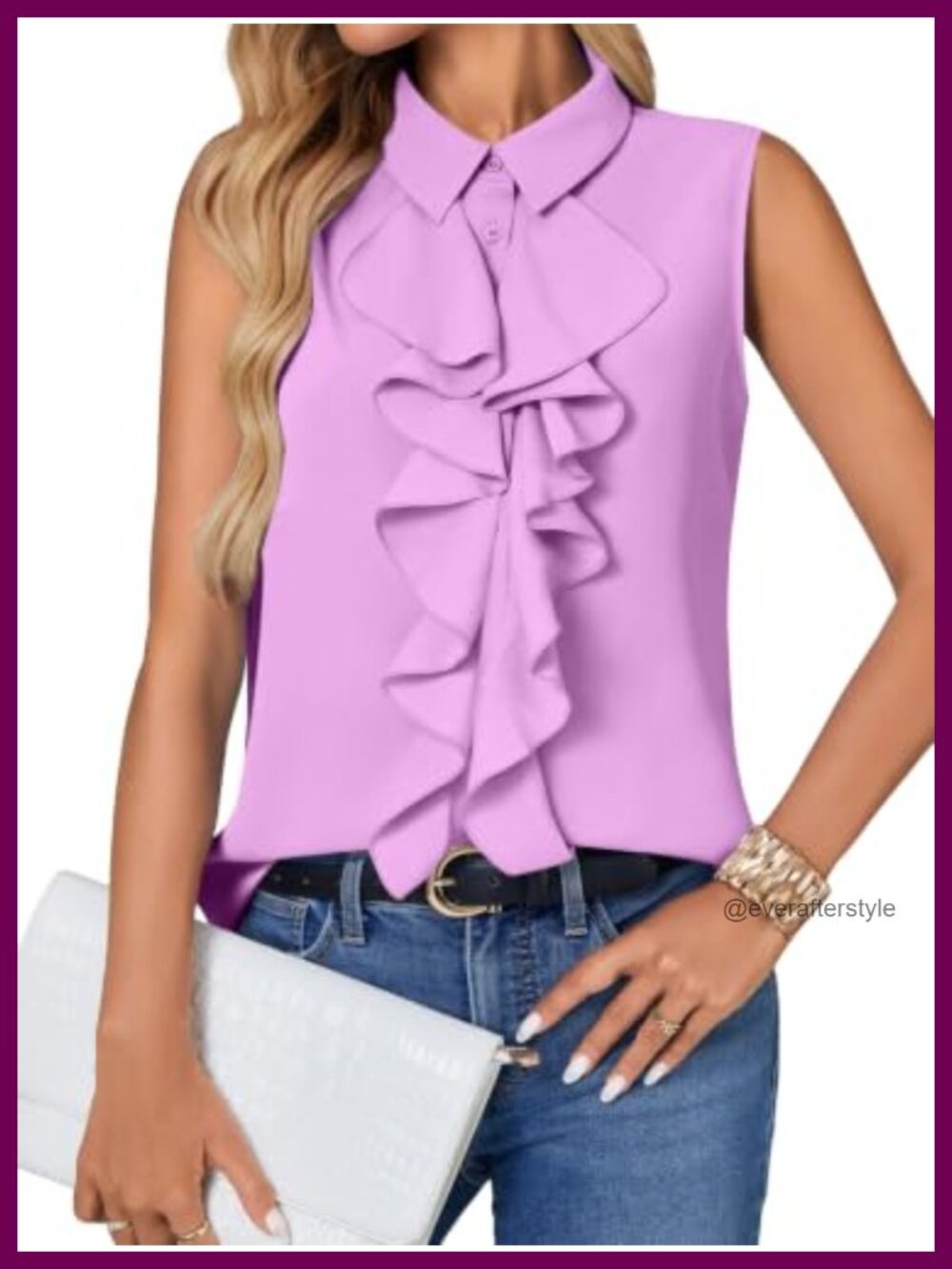 Ruffle Front Collared V Neck Sleeveless Button Down Tank Top